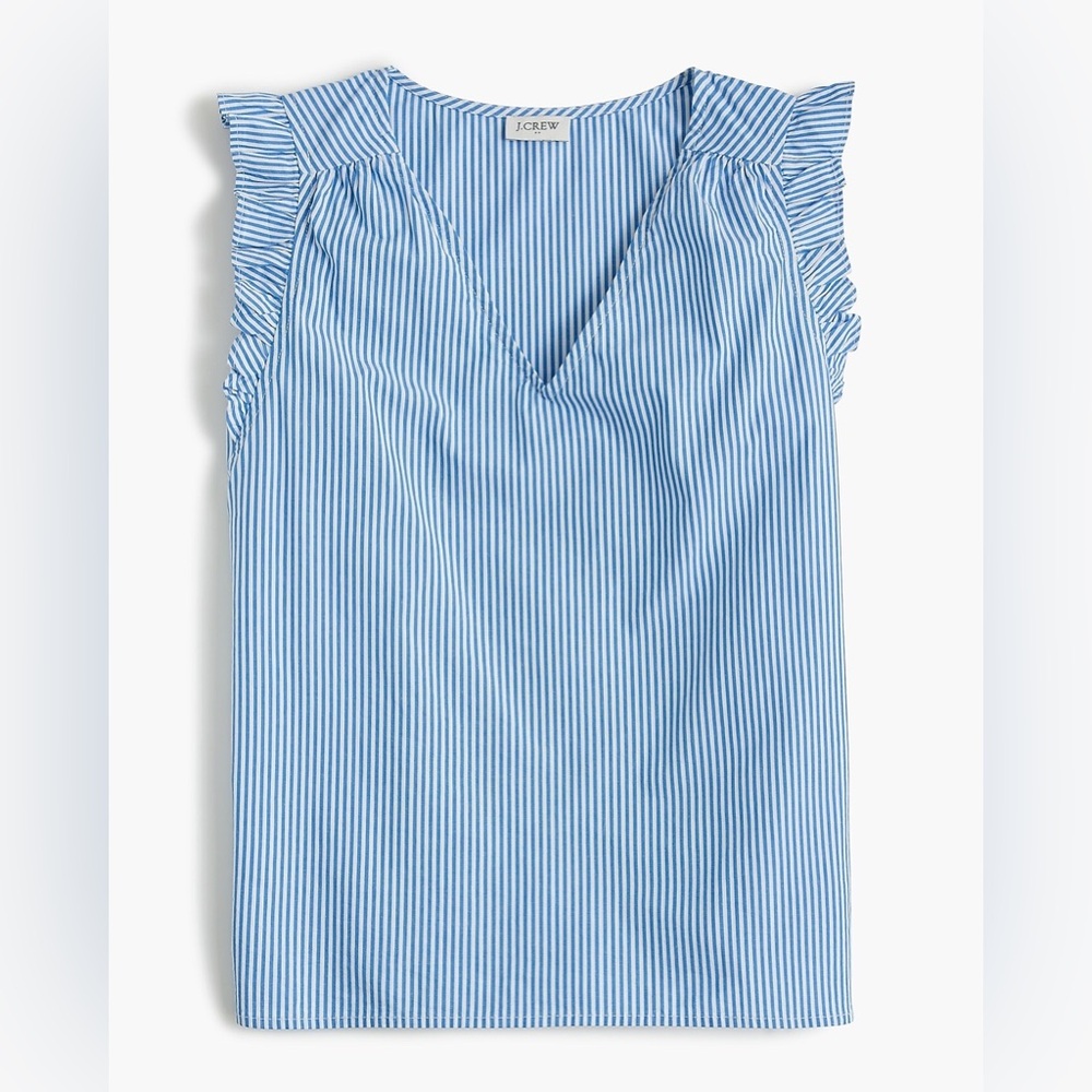 J.Crew Sleeveless Blue Stripe V-Neck Ruffle Sleeve Women's Top Size Medium